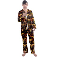 Stylised Horns Black Pattern Men s Satin Pajamas Long Pants Set