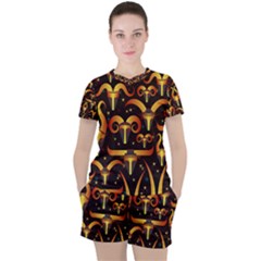 Stylised Horns Black Pattern Women s Tee And Shorts Set