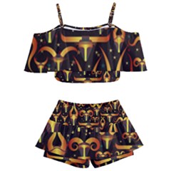 Stylised Horns Black Pattern Kids  Off Shoulder Skirt Bikini