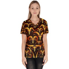 Stylised Horns Black Pattern Women s V-neck Scrub Top by HermanTelo