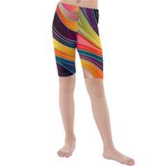 Abstract Colorful Background Wavy Kids  Mid Length Swim Shorts by HermanTelo