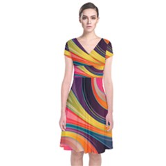 Abstract Colorful Background Wavy Short Sleeve Front Wrap Dress