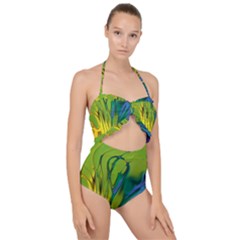 Abstract Pattern Lines Wave Scallop Top Cut Out Swimsuit