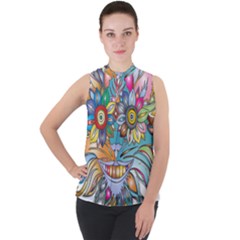 Anthropomorphic Flower Floral Plant Mock Neck Chiffon Sleeveless Top