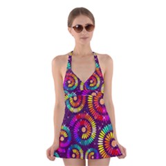 Abstract Background Spiral Colorful Halter Dress Swimsuit 