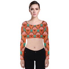 Background Floral Pattern Red Velvet Long Sleeve Crop Top