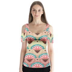 Background Floral Pattern Pink Butterfly Sleeve Cutout Tee 