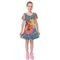 Stained Glass Roses Kids  Short Sleeve Velvet Dress by WensdaiAmbrose