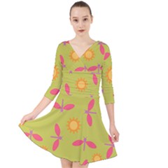 Dragonfly Sun Flower Seamlessly Quarter Sleeve Front Wrap Dress