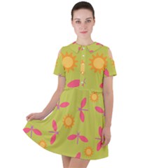 Dragonfly Sun Flower Seamlessly Short Sleeve Shoulder Cut Out Dress 