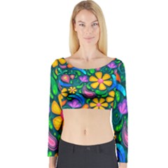 Floral Paisley Background Flower Green Long Sleeve Crop Top