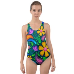 Floral Paisley Background Flower Green Cut-out Back One Piece Swimsuit