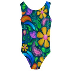 Floral Paisley Background Flower Green Kids  Cut-out Back One Piece Swimsuit by HermanTelo