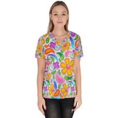 Floral Paisley Background Flower Yellow Women s V-neck Scrub Top