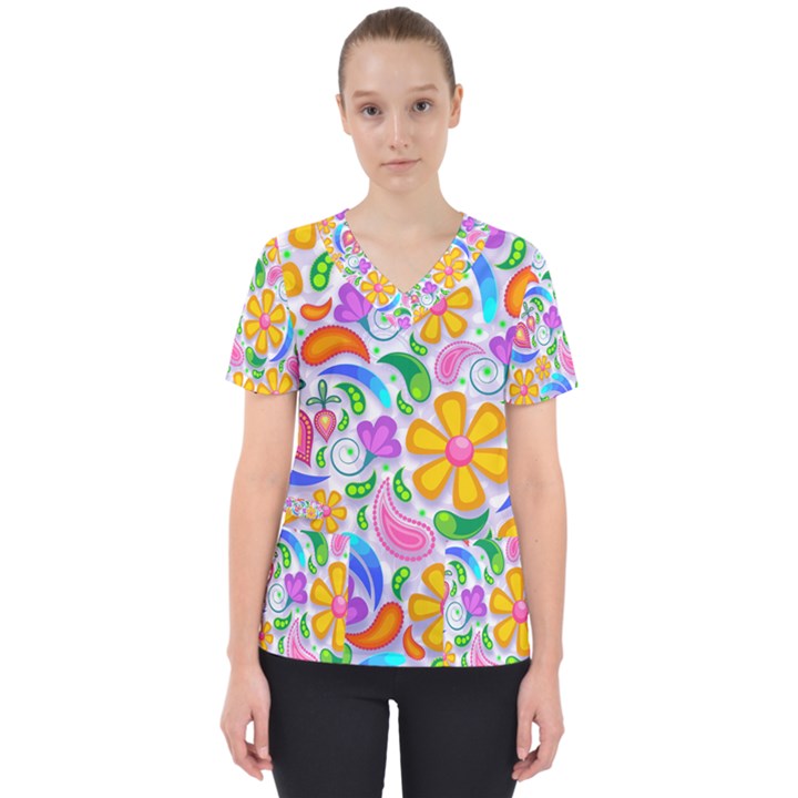 Floral Paisley Background Flower Yellow Women s V-Neck Scrub Top