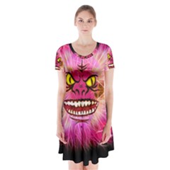 Monster Pink Eyes Aggressive Fangs Short Sleeve V-neck Flare Dress