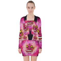 Monster Pink Eyes Aggressive Fangs V-neck Bodycon Long Sleeve Dress by HermanTelo
