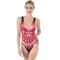 Monster Red Eyes Aggressive Fangs High Leg Strappy Swimsuit by HermanTelo