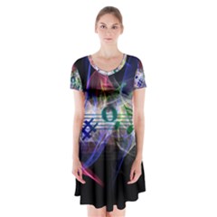 Particles Music Clef Wave Short Sleeve V-neck Flare Dress