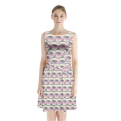 Seamless Pattern Background Cube Sleeveless Waist Tie Chiffon Dress