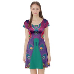 Peacock Bird Animal Feathers Short Sleeve Skater Dress