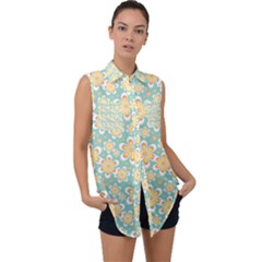 Seamless Pattern Floral Pastels Sleeveless Chiffon Button Shirt