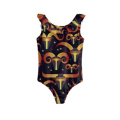 Stylised Horns Black Pattern Kids  Frill Swimsuit