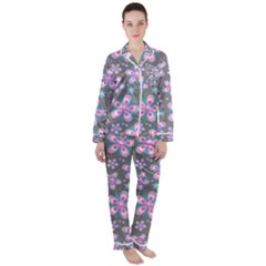 Seamless Pattern Flowers Pink Satin Long Sleeve Pyjamas Set