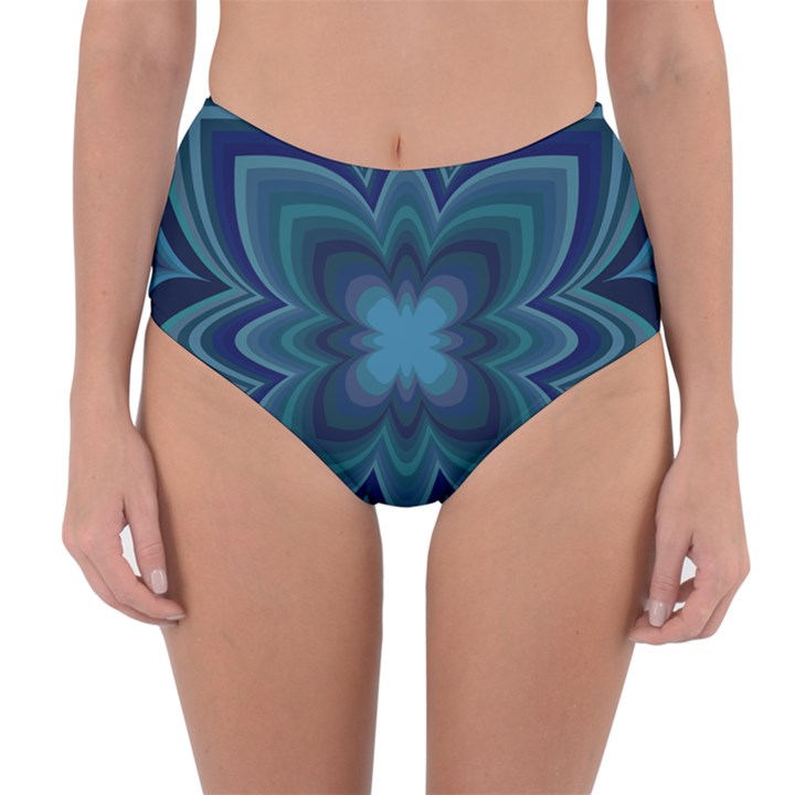 Blue Geometric Flower Dark Mirror Reversible High-Waist Bikini Bottoms