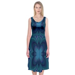 Blue Geometric Flower Dark Mirror Midi Sleeveless Dress