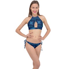 Blue Geometric Flower Dark Mirror Cross Front Halter Bikini Set by HermanTelo