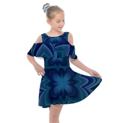 Blue Geometric Flower Dark Mirror Kids  Shoulder Cutout Chiffon Dress