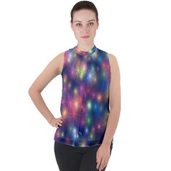 Abstract Background Graphic Space Mock Neck Chiffon Sleeveless Top