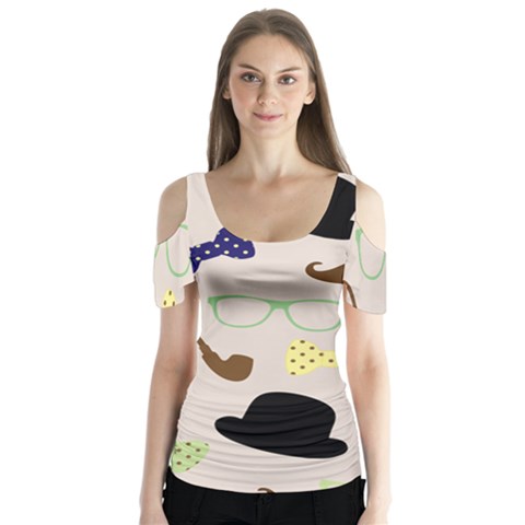 Moustache Hat Bowler Butterfly Sleeve Cutout Tee  by HermanTelo