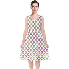 Grid Colorful Multicolored Square V-neck Midi Sleeveless Dress  by HermanTelo