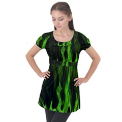 Smoke Flame Abstract Green Puff Sleeve Tunic Top by HermanTelo