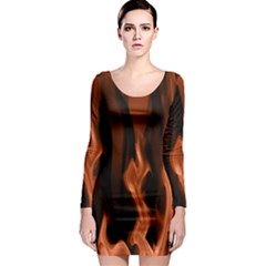 Smoke Flame Abstract Orange Red Long Sleeve Bodycon Dress by HermanTelo