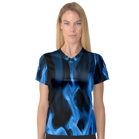 Smoke Flame Abstract Blue V-neck Sport Mesh Tee by HermanTelo