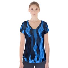 Smoke Flame Abstract Blue Short Sleeve Front Detail Top