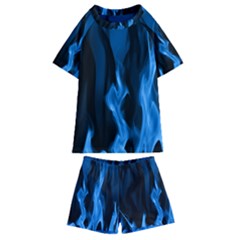 Smoke Flame Abstract Blue Kids  Swim Tee And Shorts Set by HermanTelo