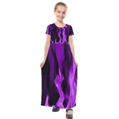 Smoke Flame Abstract Purple Kids  Short Sleeve Maxi Dress