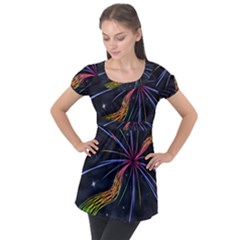 Stars Space Firework Burst Light Puff Sleeve Tunic Top by HermanTelo