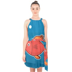 Sketch Nature Water Fish Cute Halter Collar Waist Tie Chiffon Dress by HermanTelo