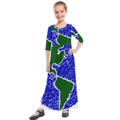 Globe Drawing Earth Ocean Kids  Quarter Sleeve Maxi Dress