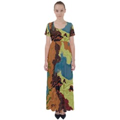 Map Geography World Yellow High Waist Short Sleeve Maxi Dress