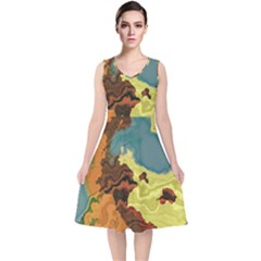 Map Geography World Yellow V-neck Midi Sleeveless Dress 