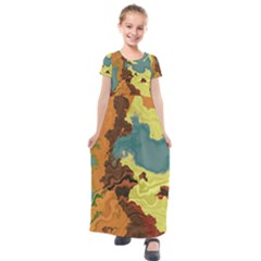 Map Geography World Yellow Kids  Short Sleeve Maxi Dress