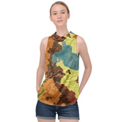 Map Geography World Yellow High Neck Satin Top