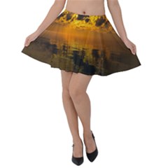 Sunset Reflection Birds Clouds Sky Velvet Skater Skirt