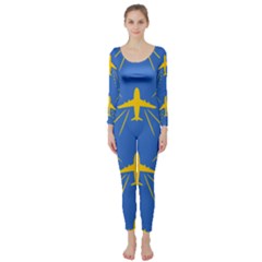 Aircraft Texture Blue Yellow Long Sleeve Catsuit